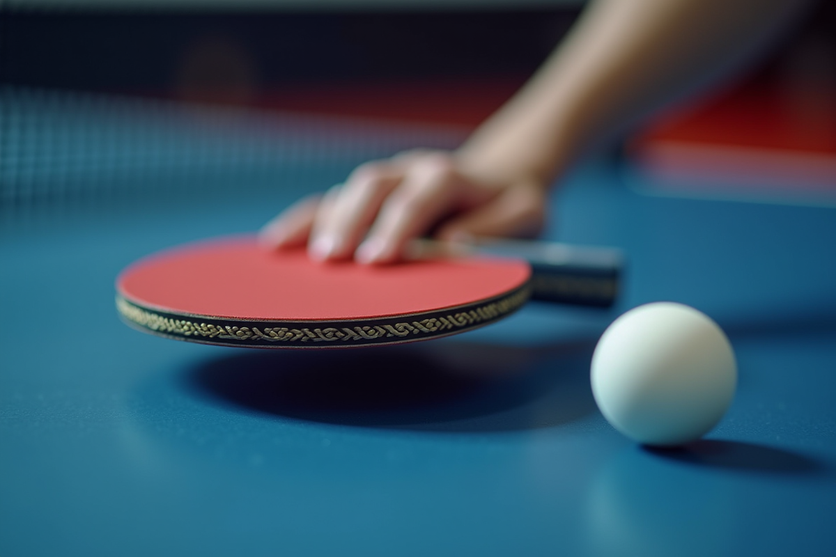 Gros plan sur une raquette frappant la balle avec texture visible du caoutchouc