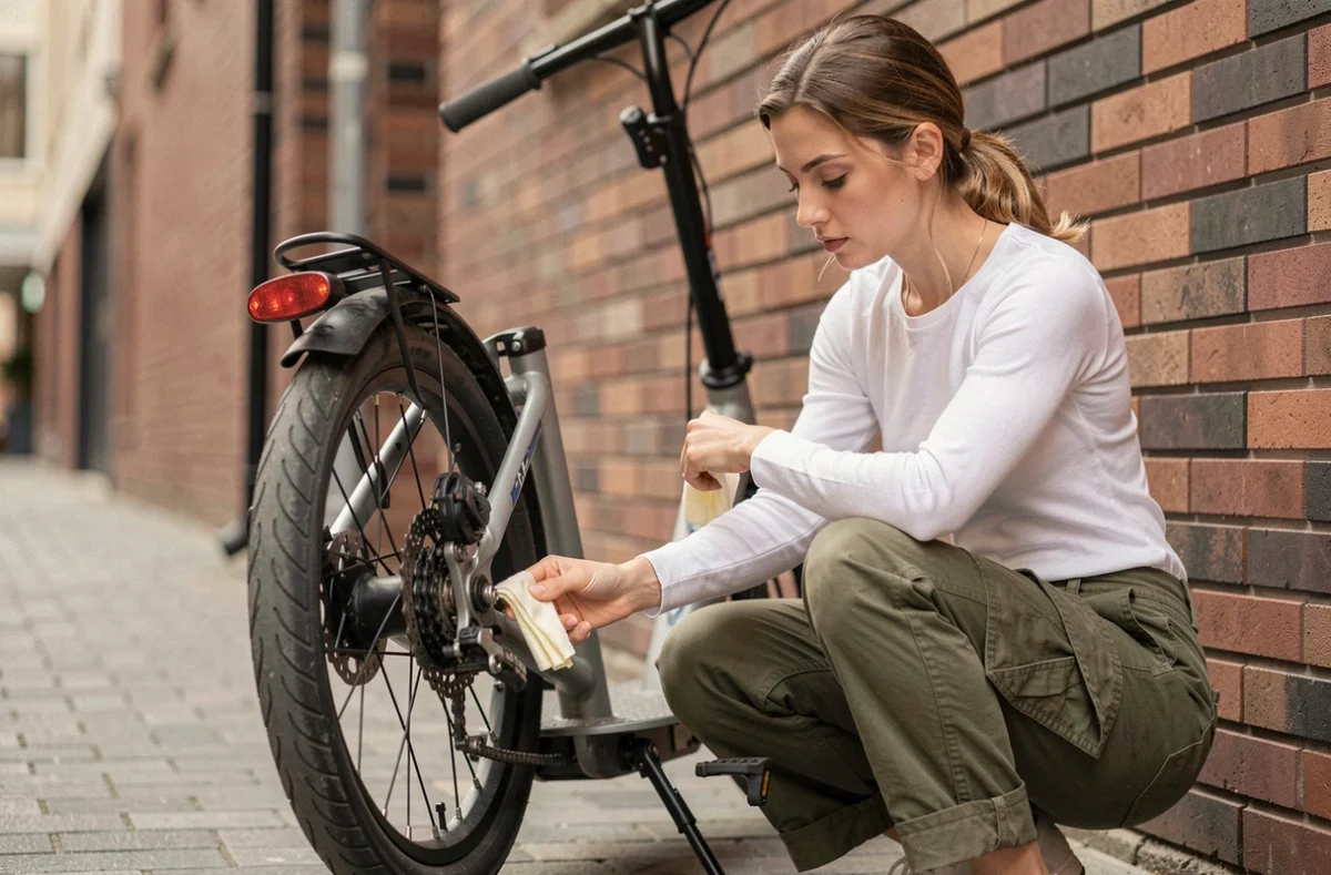 Femme inspectant le frein arrière d'une trottinette Urban Glide 140 contre un mur en brique urbain