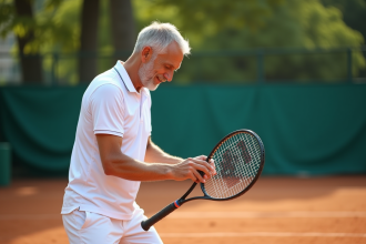 Homme d'âge moyen installant un dampener sur sa raquette de tennis