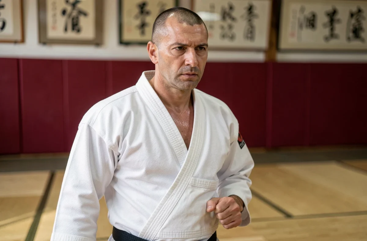Instructeur de l'Izumi Dojo en tenue de judoka dans un dojo traditionnel avec sol en bois et équipements de combat