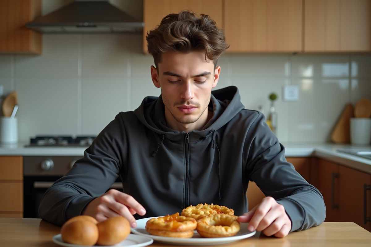 Jeune athlète contemplant un plat de fast-food dans la cuisine