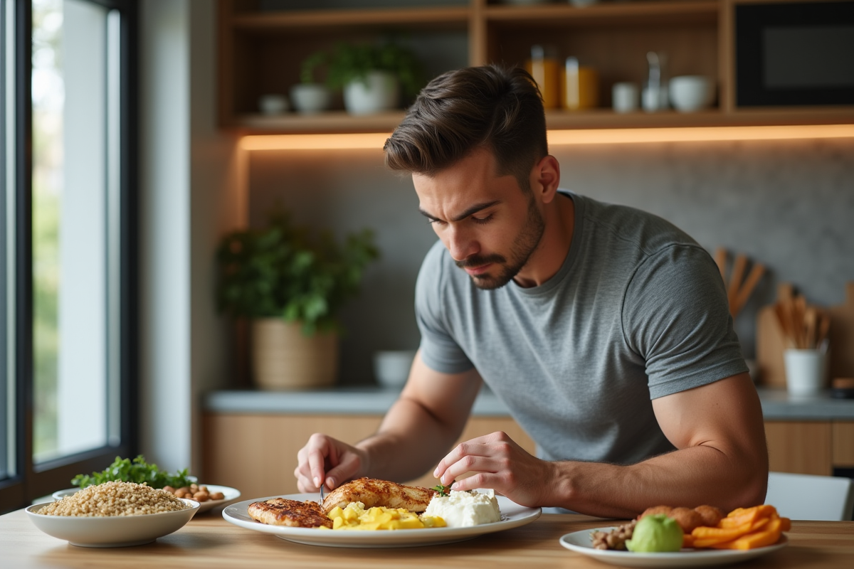Jeune homme sportif préparant un repas riche en protéines