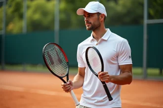 Jeune entraineur de tennis compare trois raquettes en extérieur