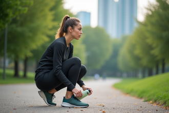 Jeune femme en tenue de sport préparant sa course dans un parc urbain