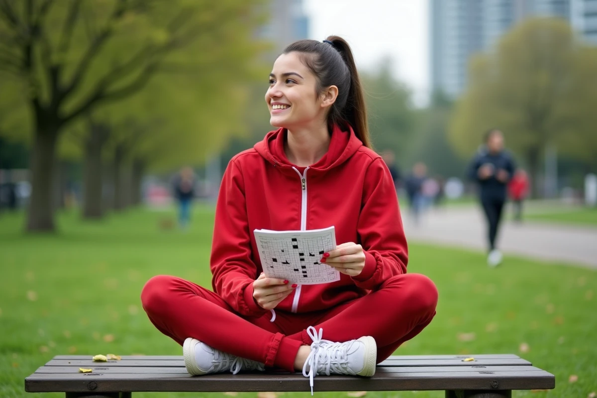 Jeune femme souriante faisant un mots croises dans un parc