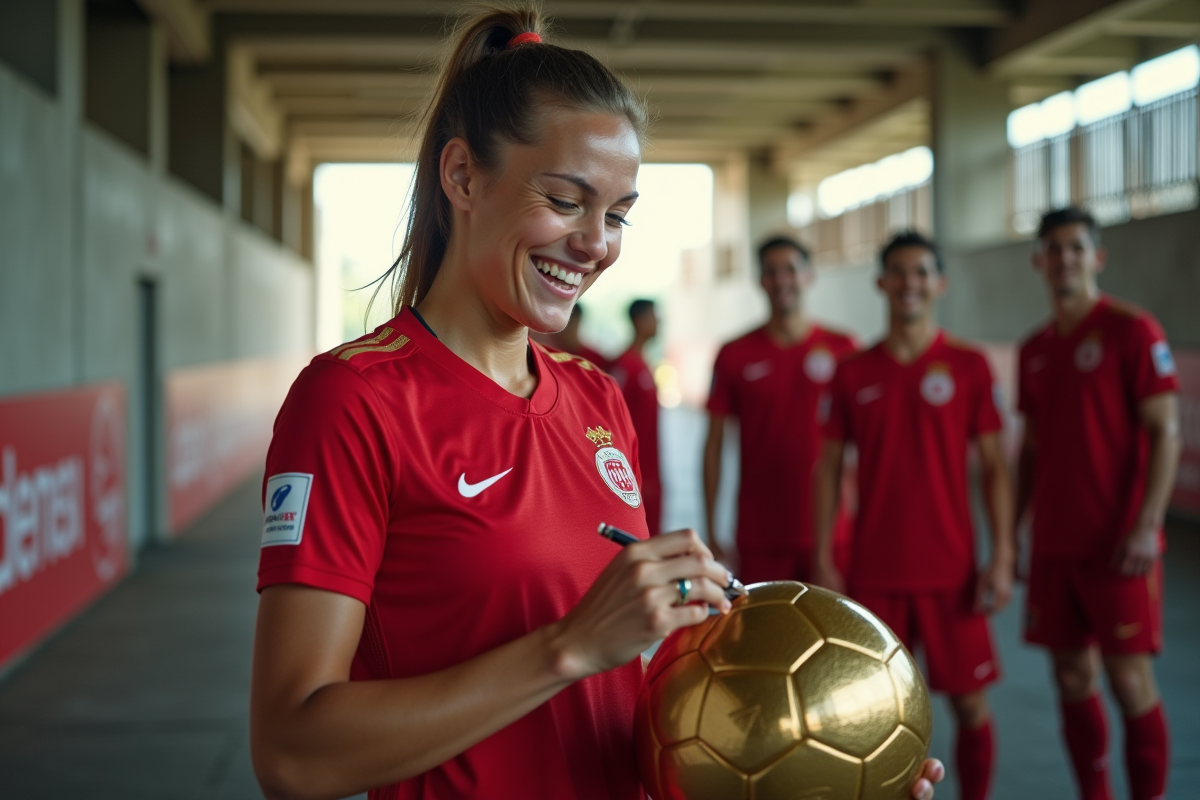 Jeune star féminine signant un ballon en stade tunnel