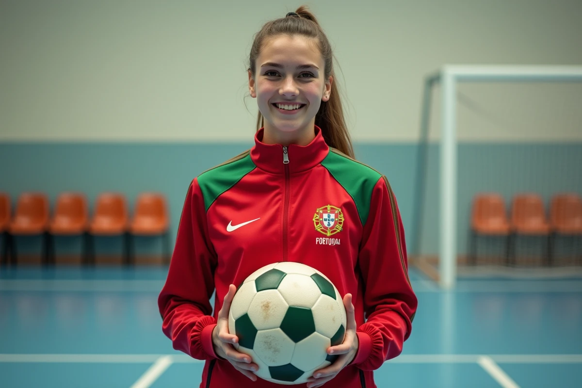 Jeune joueuse de handball portugaise souriante en intérieur