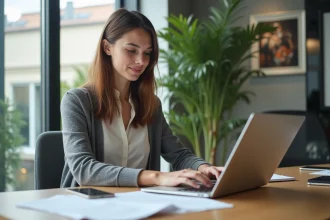 Jeune femme inscrivant un événement équestre sur son ordinateur