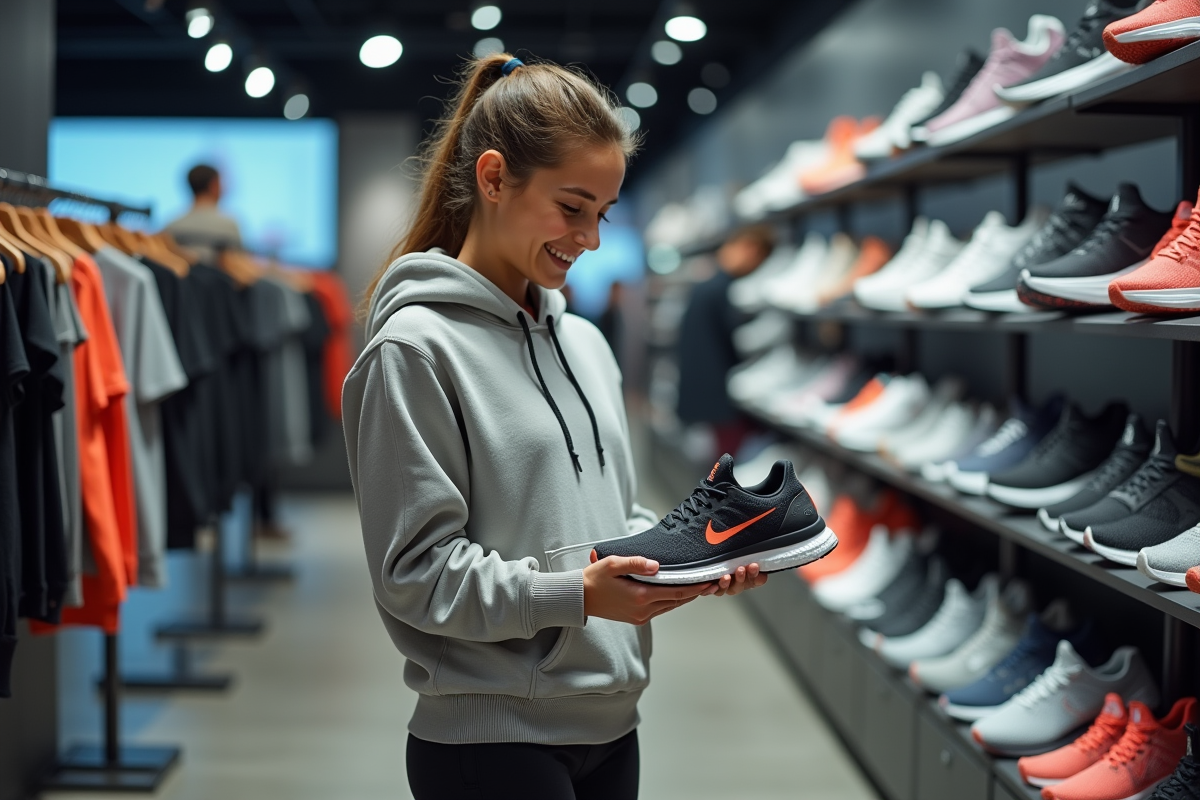 Jeune femme regardant des chaussures de sport en magasin