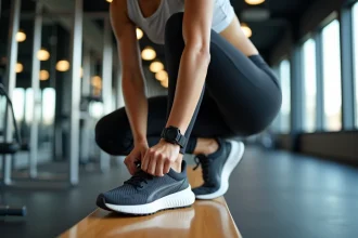 Jeune femme en gym ajustant ses chaussures de sport