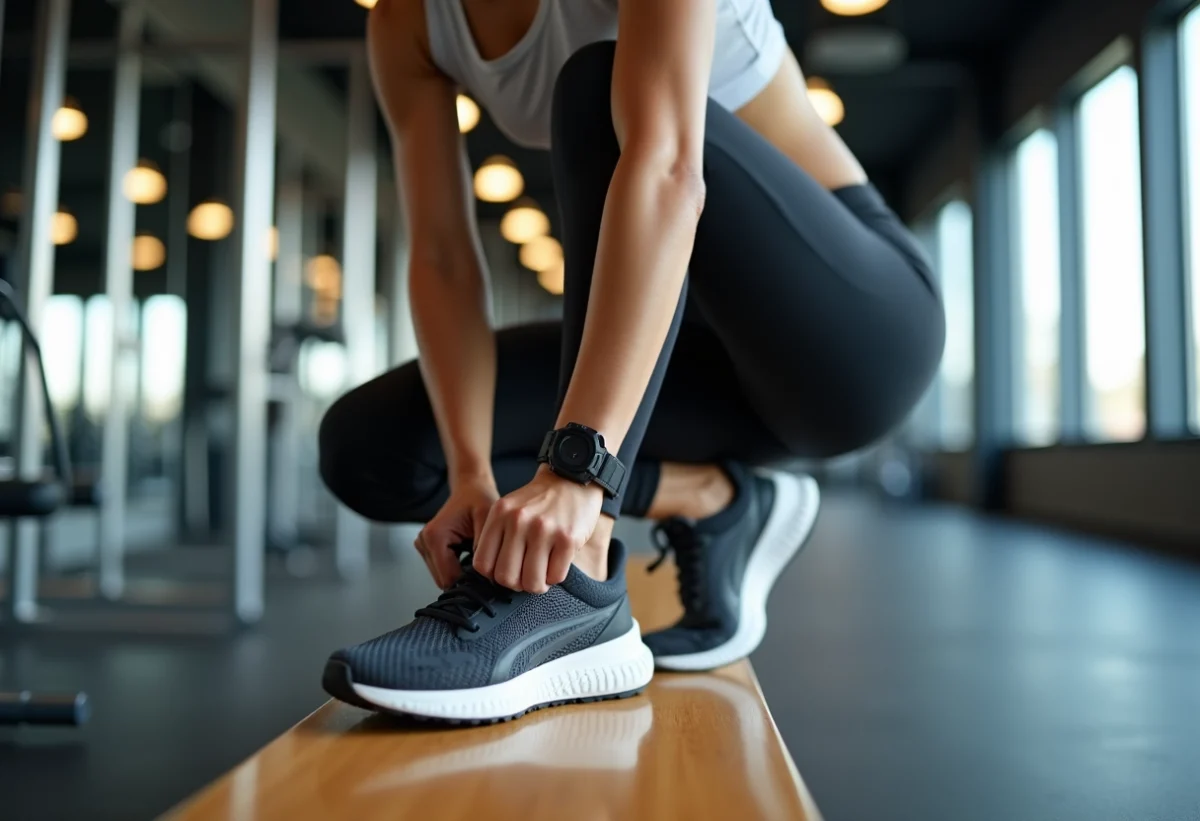 Jeune femme en gym ajustant ses chaussures de sport