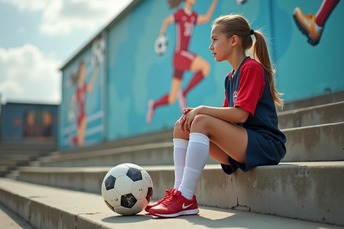 Jeune fille regardant un mural de Mia Hamm avec un ballon de football
