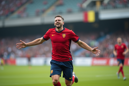 Jeune footballeur belge en pleine célébration sur le terrain
