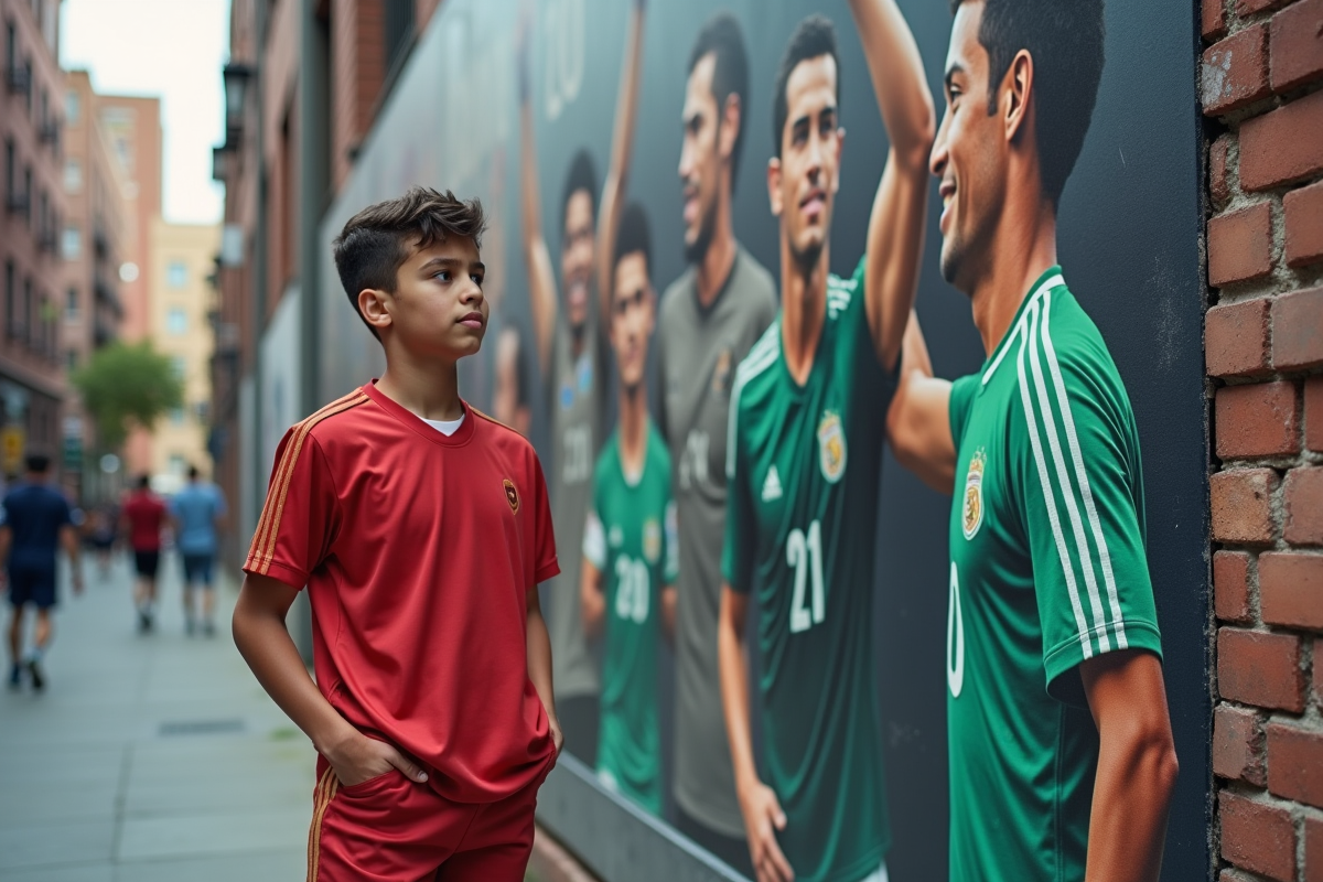 Jeune footballeur devant un mural de Ronaldo et Pelé