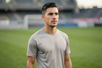 Jeune footballeur professionnel sur un terrain d'entraînement, illustrant un joueur évoquant Matthis Abline