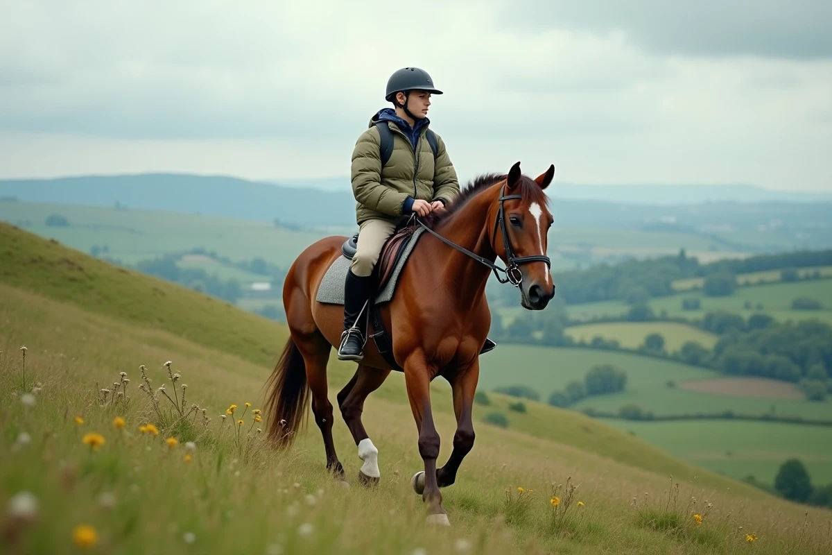 Jeune homme à cheval dans un paysage champêtre verdoyant