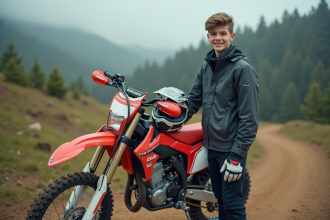 Jeune homme en motocross avec casque et bike 150cc