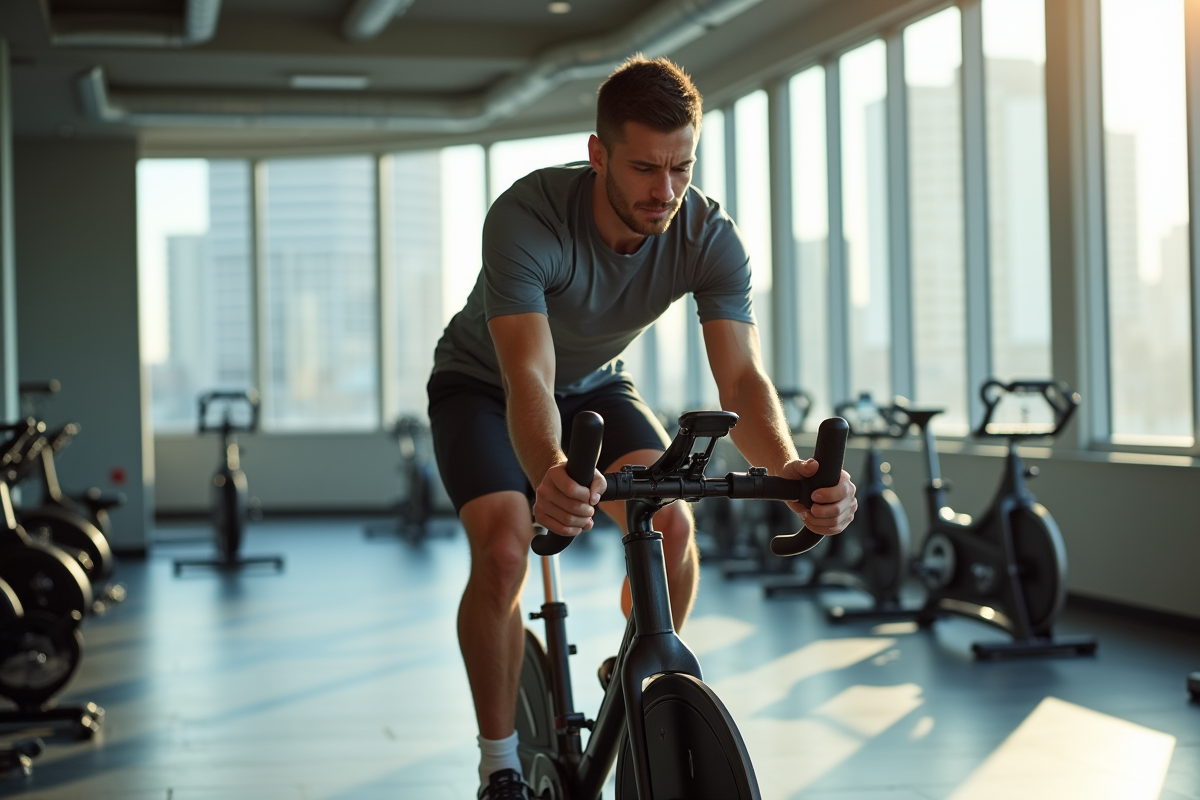 Jeune homme pédalant sur vélo en salle lumineuse