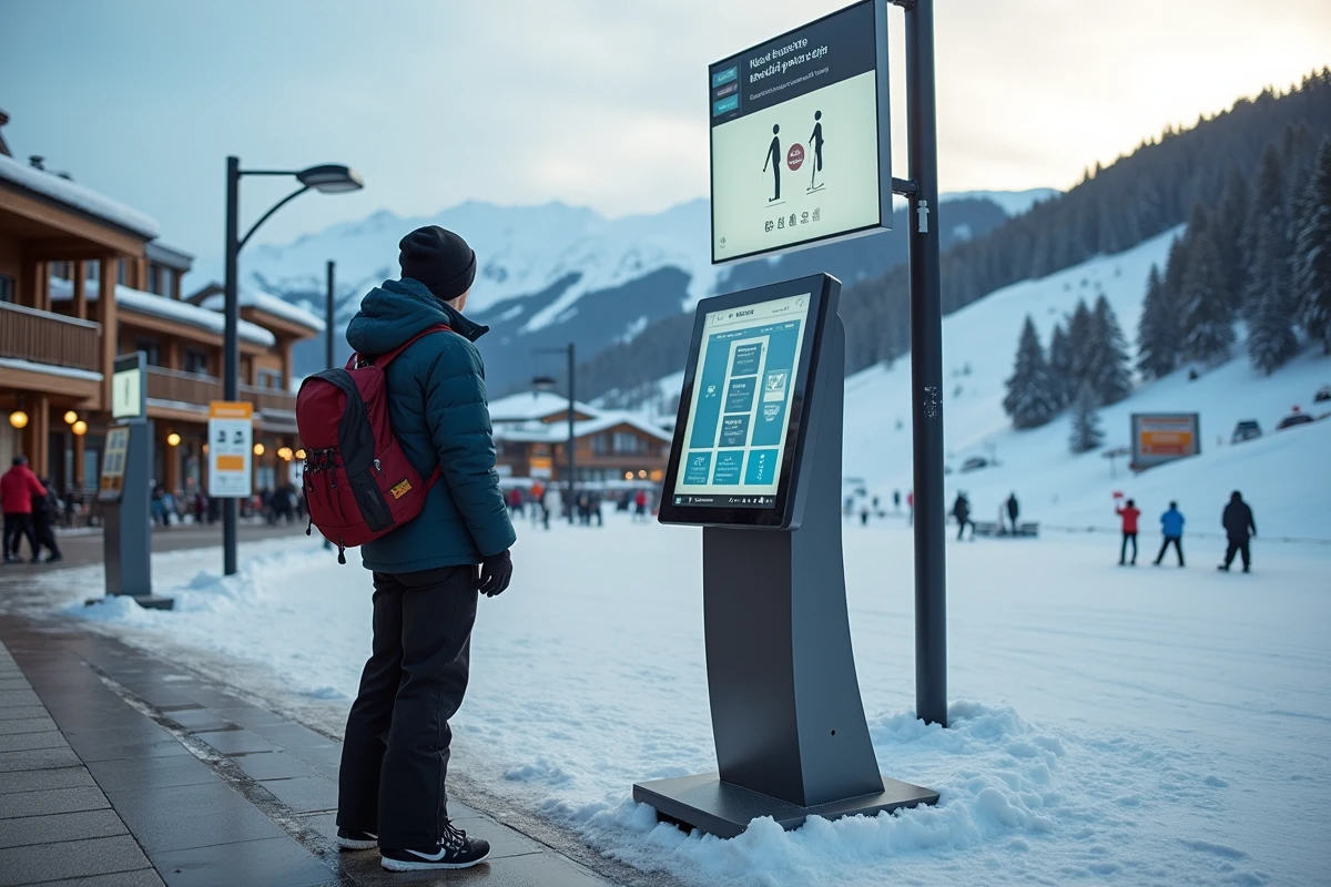 Jeune homme vérifiant les options de ski au Tignes