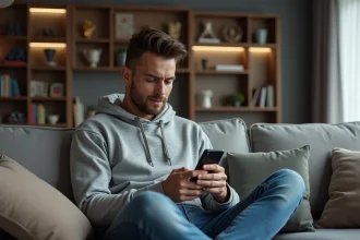 Jeune homme en hoodie regarde son smartphone dans un salon