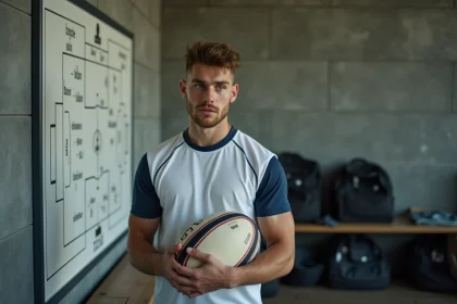 Jeune joueur de rugby amateur étudiant des schémas tactiques dans un vestiaire de club, ballon en main, représentant les ambitions des divisions régionales françaises