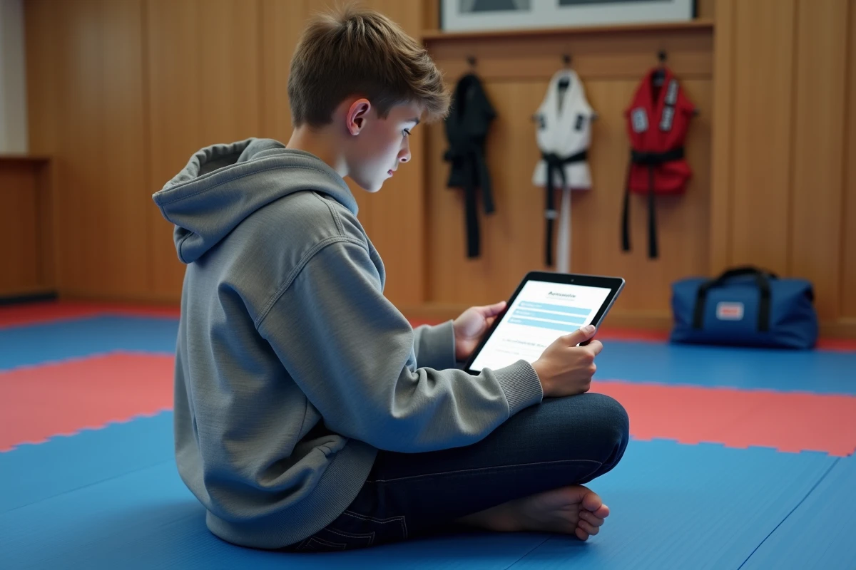 Jeune judoka consultant l'extranet judo sur une tablette assis sur les tatamis d'un dojo
