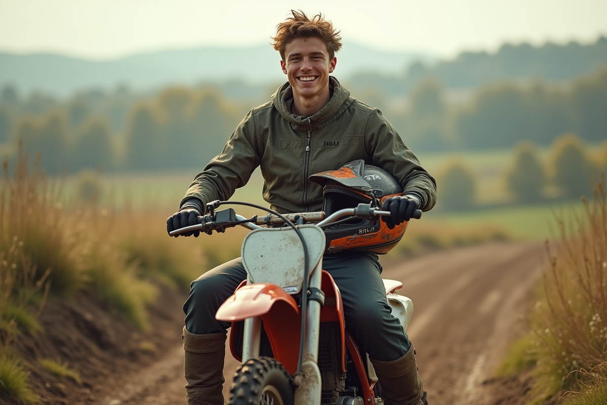 Jeune pilote motocross assis sur sa moto 125cc en extérieur