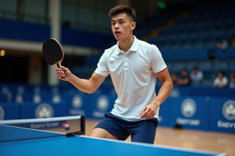 Jeune homme concentré jouant au tennis de table en intérieur