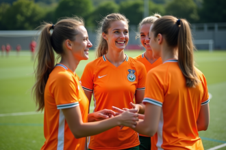 Jeunes femmes souriantes en maillots de sport sur un terrain de football