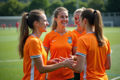 Jeunes femmes souriantes en maillots de sport sur un terrain de football