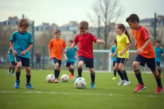 Groupe d'enfants jouant au football dans un terrain parisien