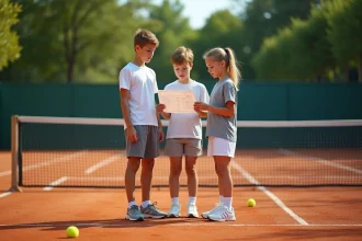 Trois jeunes joueurs de tennis vérifiant un tableau de match sur court