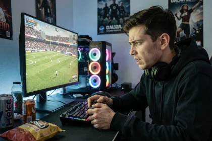 Joueur de football virtuel FC 25 frustré devant son écran lors d'un combo de geste technique raté