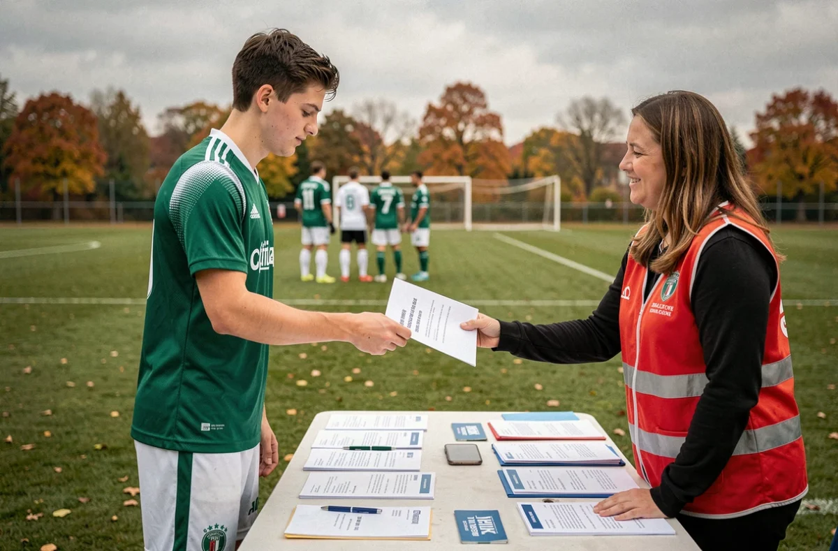 Jeune joueur de football signant sa licence auprès d'un bénévole sur un terrain de district