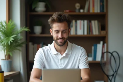 Joueur de tennis consultant des codes promo sur un ordinateur portable pour équipements sportifs 2026