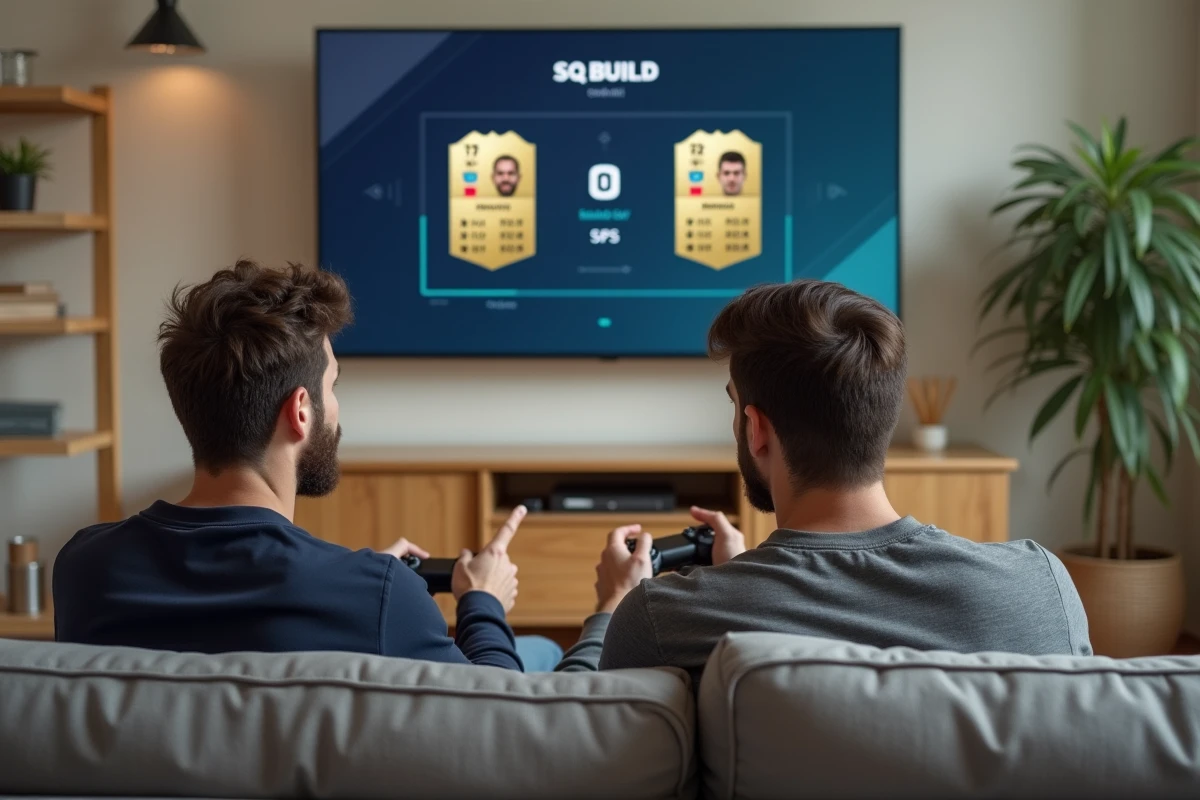 Deux joueurs de FC 25 discutant de stratégies DCE avancées devant un écran de télévision affichant un menu de construction d'équipe