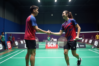 Deux joueurs de badminton français se serrant la main après un match intense