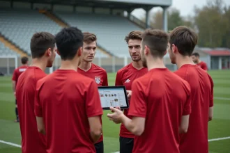 Joueurs du Sporting Club Aubagne Air Bel réunis autour d'un écran affichant les réseaux sociaux du club