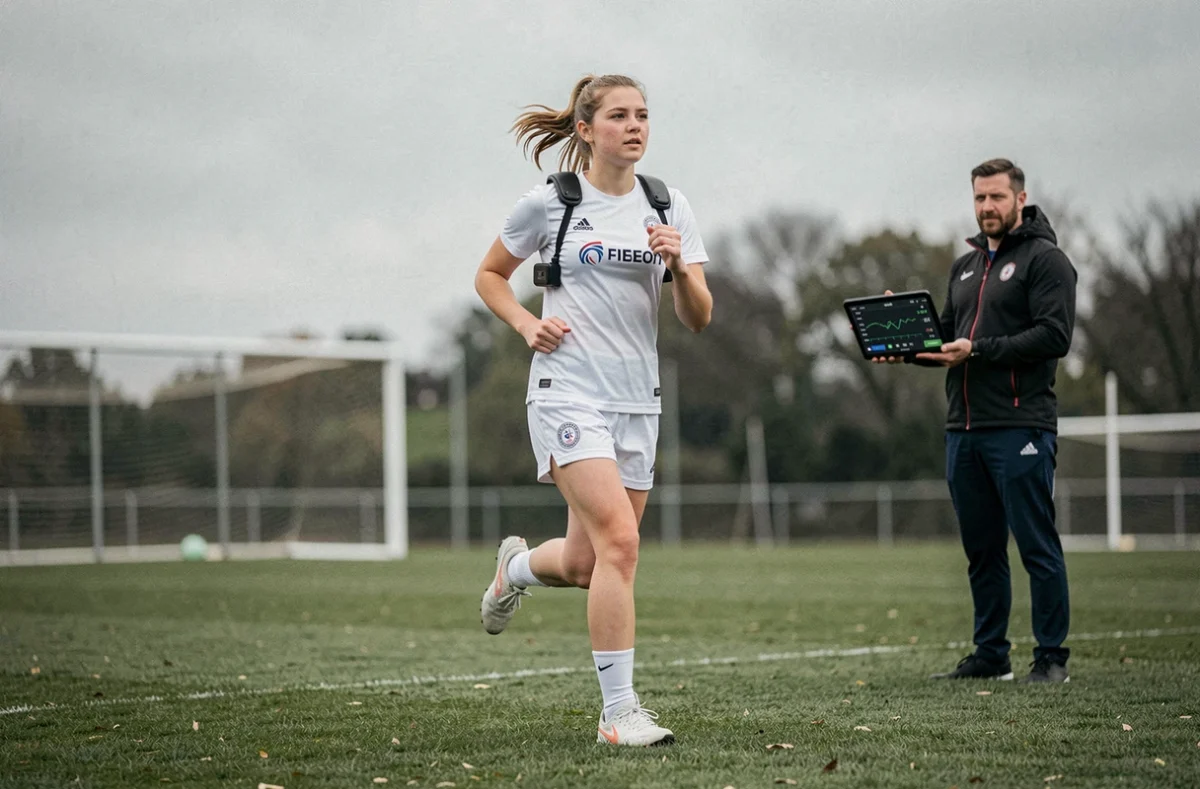 Joueuse de football féminin équipée de capteurs GPS lors d'une séance d'entraînement analysée en temps réel par un entraîneur avec une tablette
