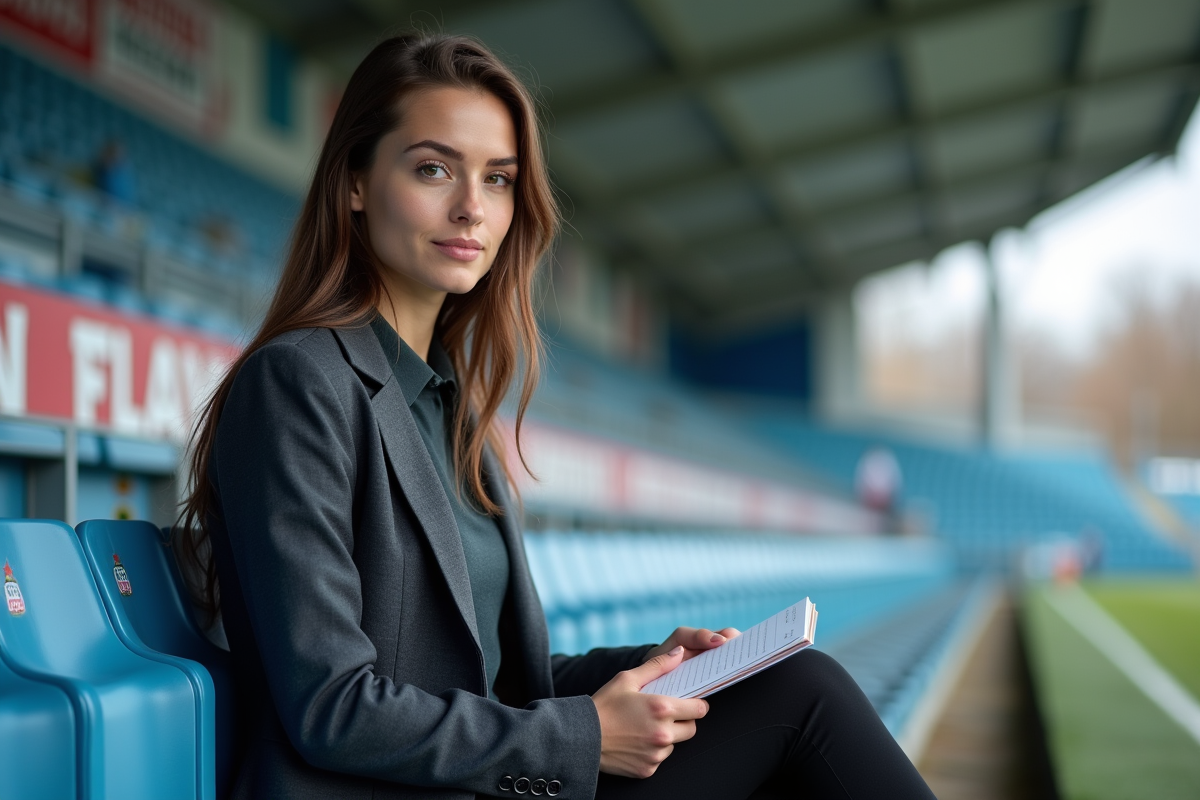 Jeune femme journaliste sportive en extérieur au stade