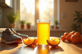 Verre de jus d'orange frais sur une table de cuisine avec fruits et chaussures