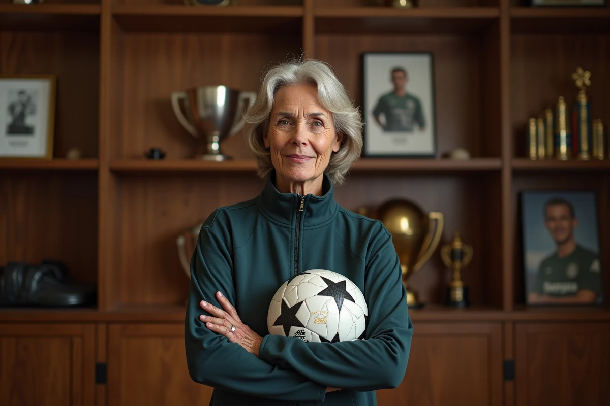 Footballeuse légende en portrait dans la salle des trophées