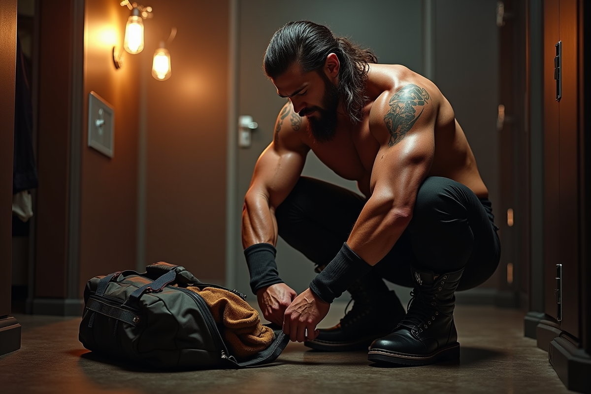 Lutteur musclé en coulisses avec héritages familiaux