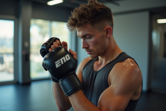 Jeune lutteur mma s'échauffant dans une salle lumineuse