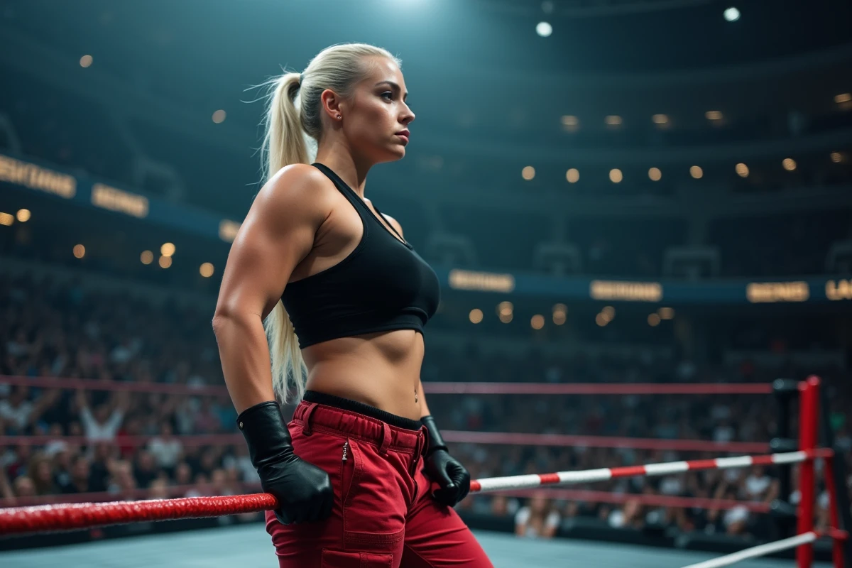 Une lutteuse professionnelle à l'image de Rhea Ripley seule dans le ring d'une arène WWE vide, symbolisant son rôle central au sein du Judgment Day