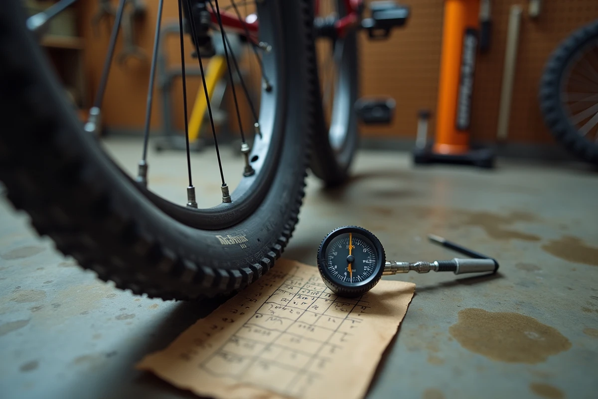 Manomètre de pression posé contre un pneu VTT 26 pouces dans un atelier de vélo avec tableau de réglage