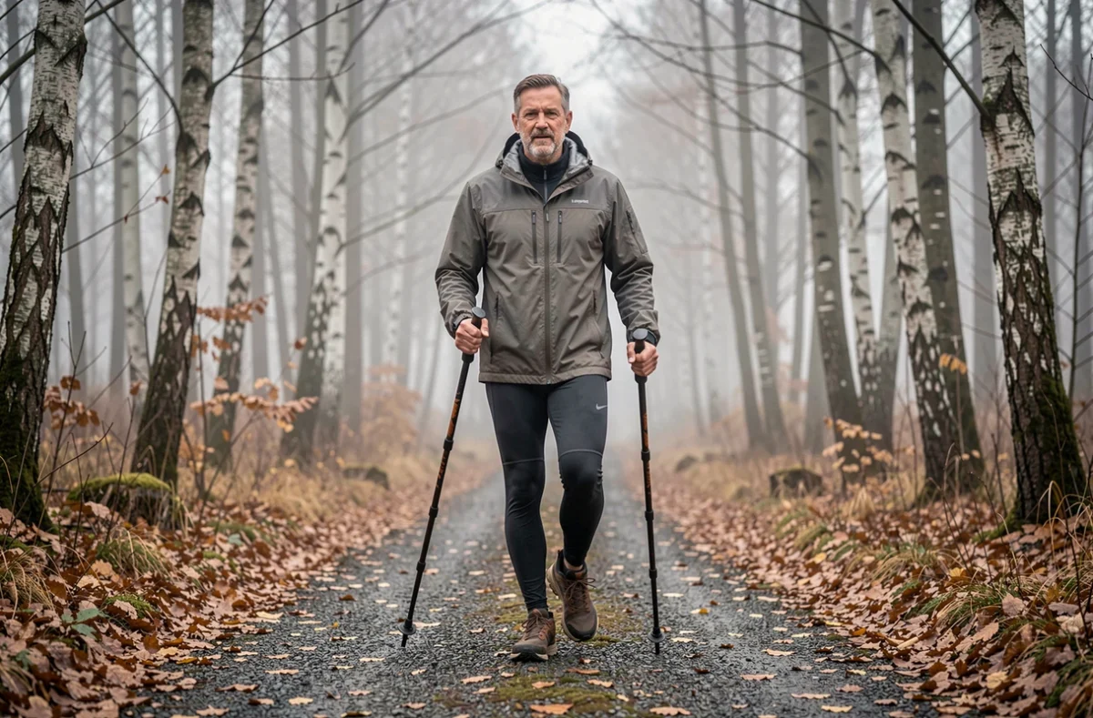 Homme pratiquant la marche nordique avec des bâtons en forêt automnale, illustrant les différences techniques entre marche nordique et marche ordinaire