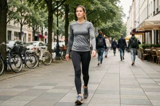 Femme marchant rapidement en ville sur un boulevard européen, illustrant la marche urbaine et le comptage des pas quotidiens