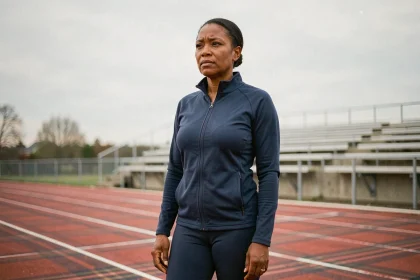 Ancienne athlète haies femme sur piste d'athlétisme stade reconversion sportive