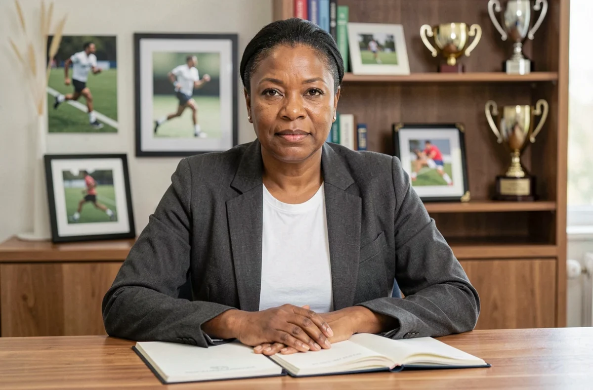 Femme ancienne athlète reconvertie dans administration sportive bureau moderne